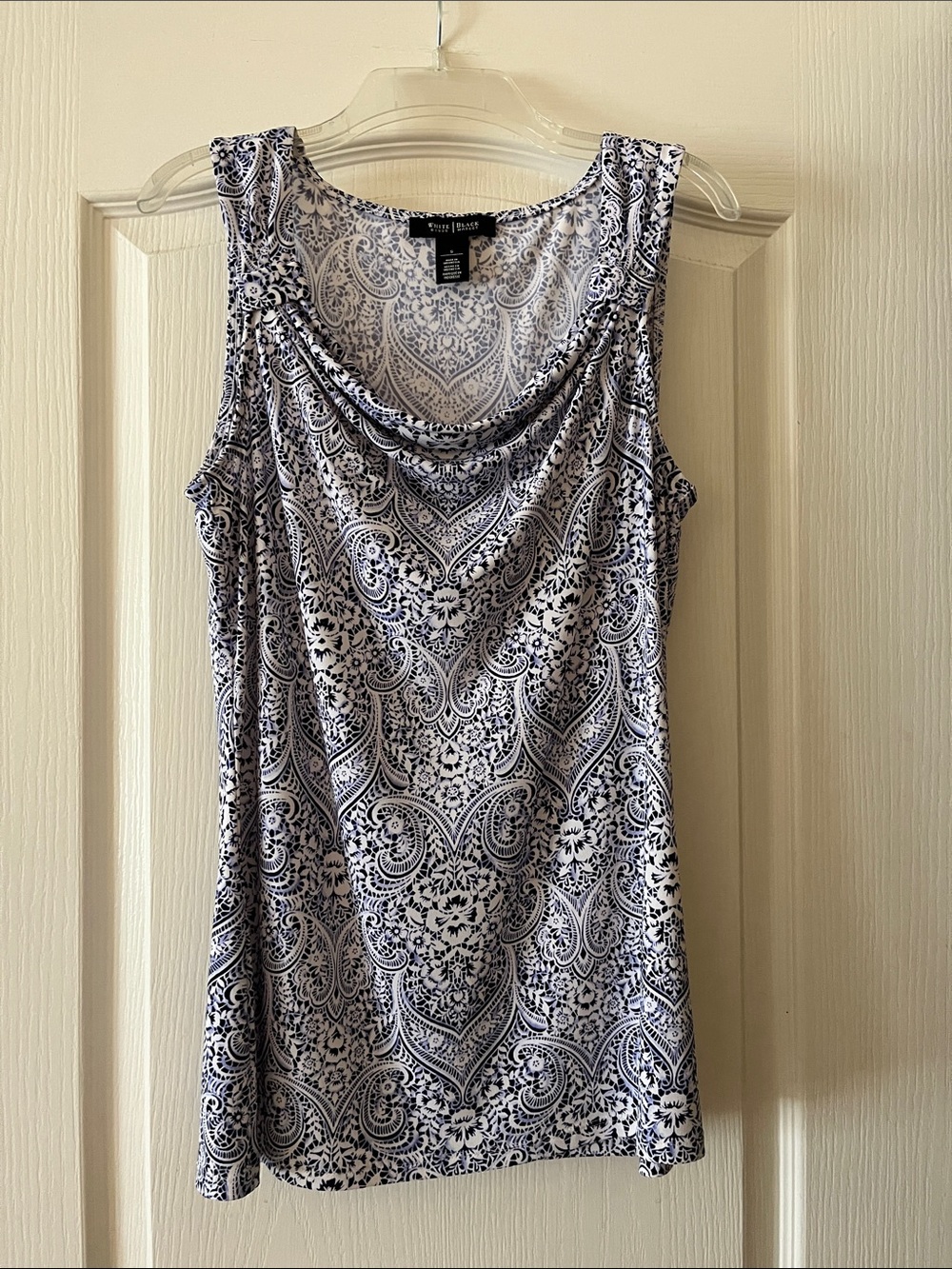 White House Black Market Navy & White Paisley Draped Cowl Tank
